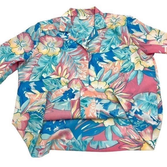 Tanjay Vintage costal floral hawaian beach style short sleeves size 12 fits L - Picture 7 of 8